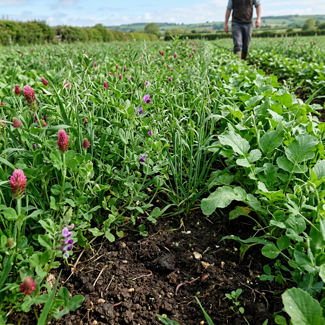 Spring cover crop field with healthy green growth and living roots